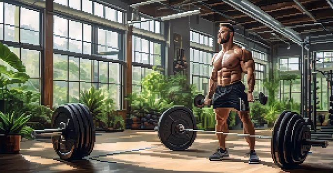 A powerlifter lifting weights in a bright gym, surrounded by green plants and using eco-friendly equipment.