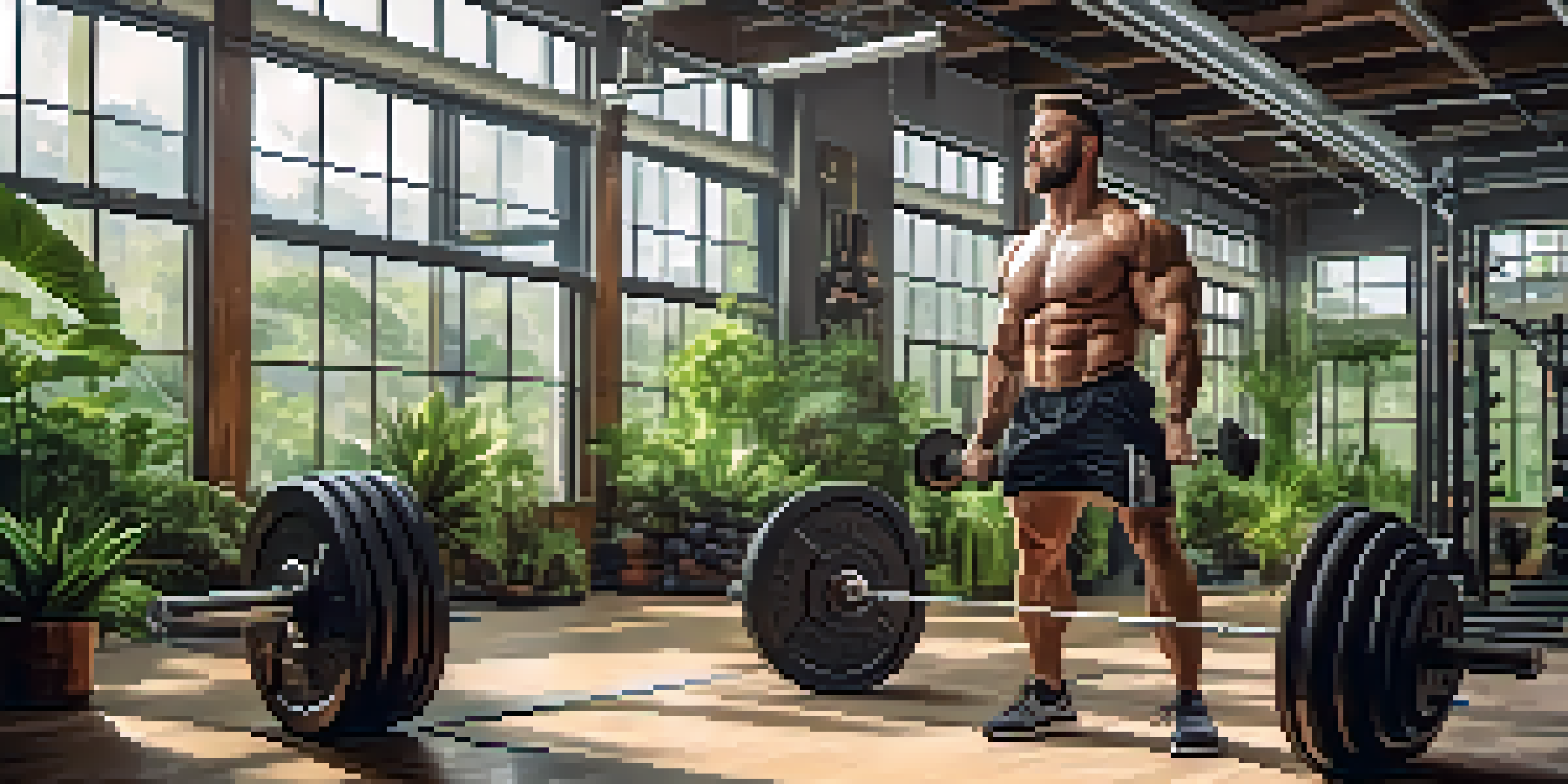 A powerlifter lifting weights in a bright gym, surrounded by green plants and using eco-friendly equipment.