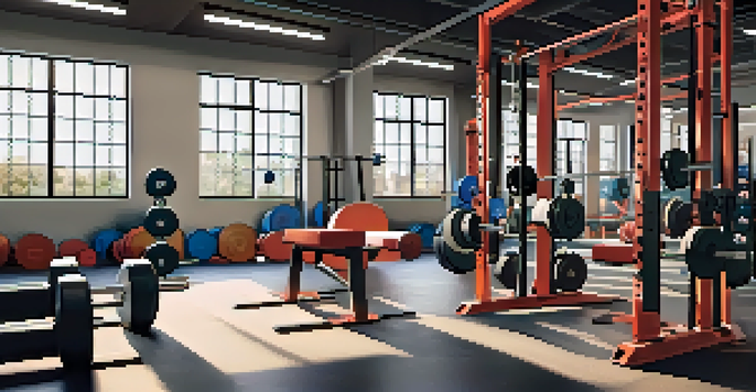 An organized powerlifting storage area with weights and barbells neatly arranged on a rack, illuminated by natural light from large windows.
