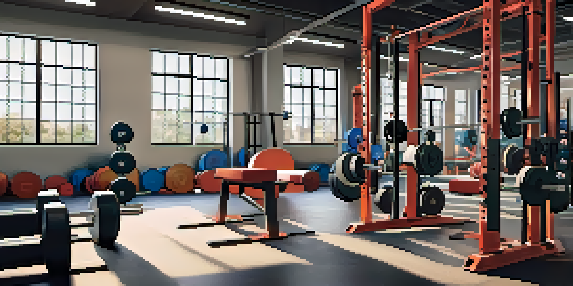 An organized powerlifting storage area with weights and barbells neatly arranged on a rack, illuminated by natural light from large windows.