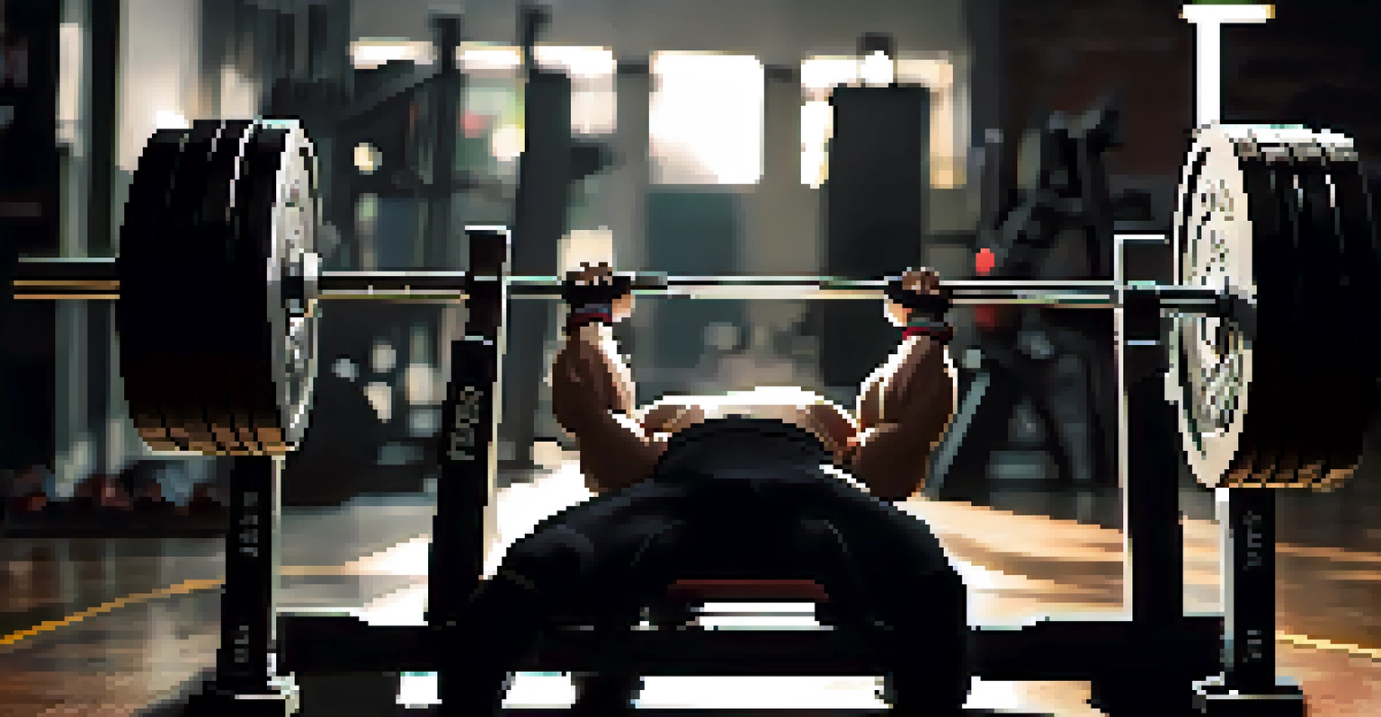 A close-up of a barbell with weights on a bench press setup, emphasizing its shine and texture.