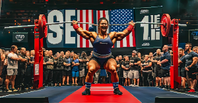 A dynamic scene of a powerlifting competition with athletes lifting weights on stage, surrounded by cheering spectators and federation banners.