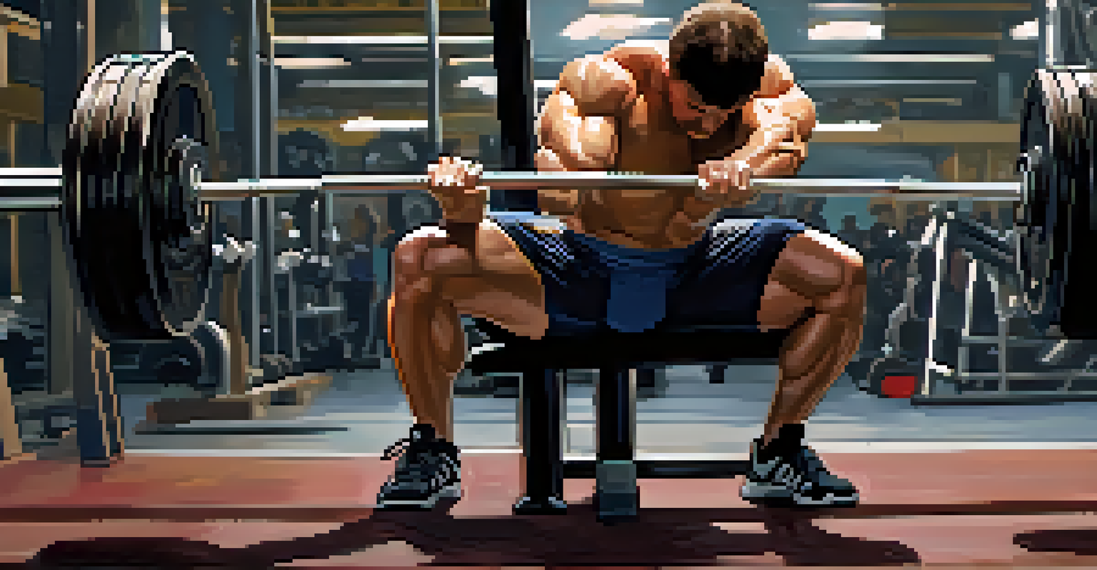 A close-up of a powerlifter preparing to perform a bench press, highlighting the barbell and lifter's focused expression.