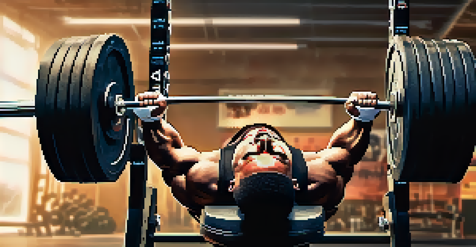A close-up of a lifter's grip on a barbell during a bench press, capturing the effort and focus involved.