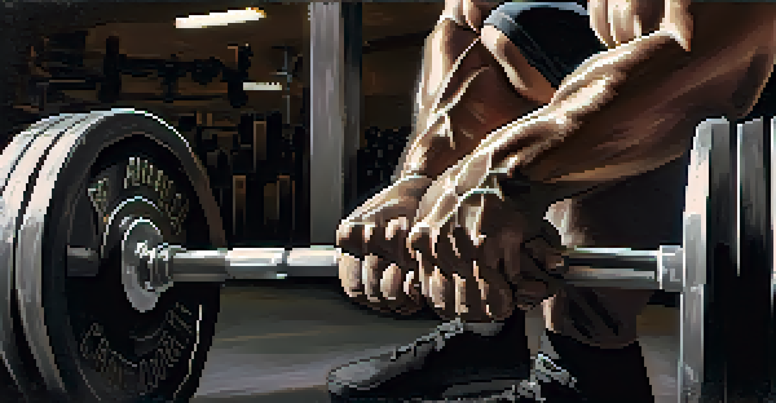 Close-up of a powerlifter's hands gripping a barbell, highlighting the textures and details of their grip.