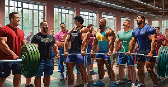 A group of powerlifters supporting each other in a gym, showcasing camaraderie and motivation.
