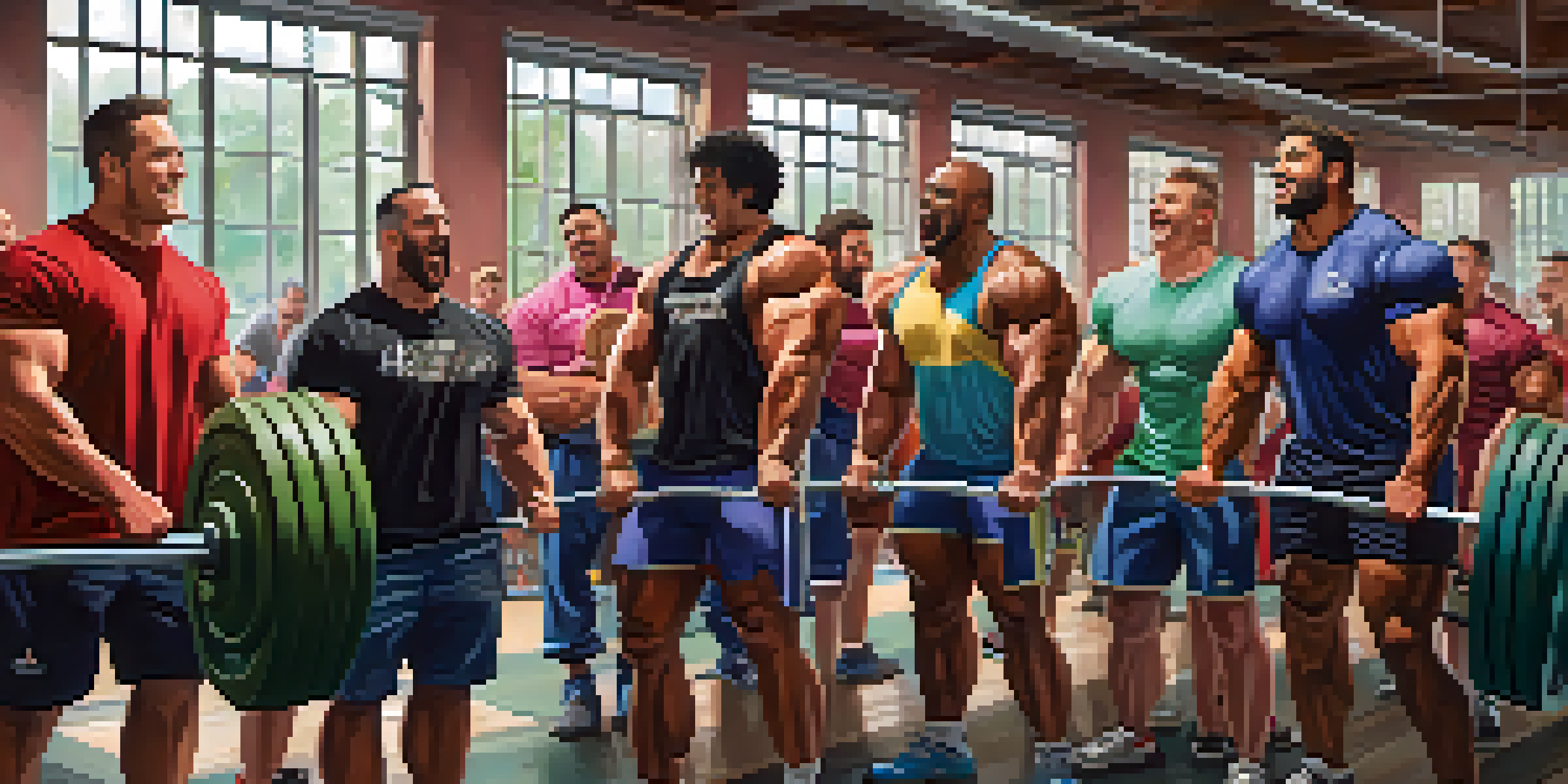 A group of powerlifters supporting each other in a gym, showcasing camaraderie and motivation.