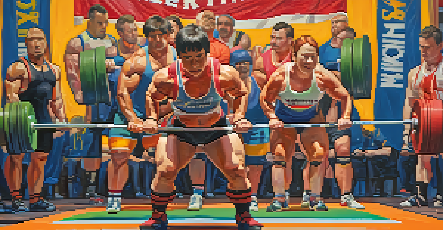 Close-up of powerlifting competitors with intense expressions in a lively competition atmosphere.