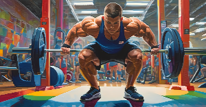 A powerlifter lifting weights in a colorful gym, displaying intense focus and strength.