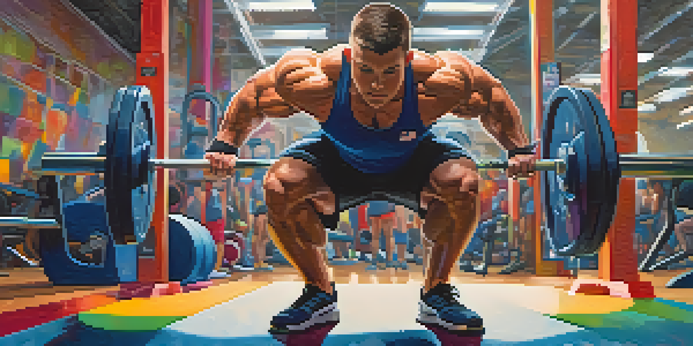 A powerlifter lifting weights in a colorful gym, displaying intense focus and strength.