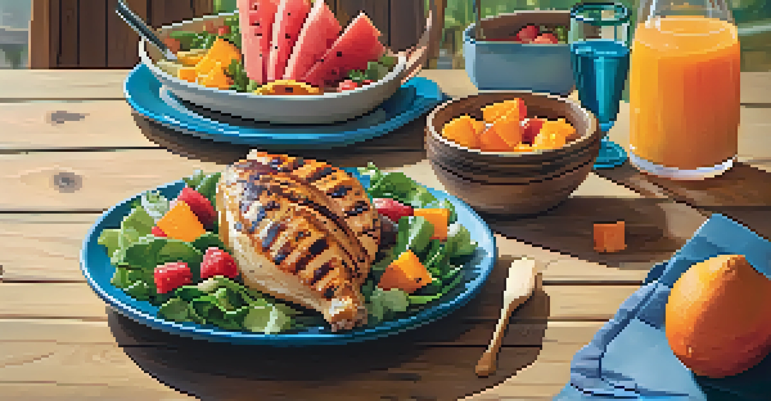 A healthy recovery meal featuring grilled chicken, sweet potatoes, and colorful fruits on a wooden table.