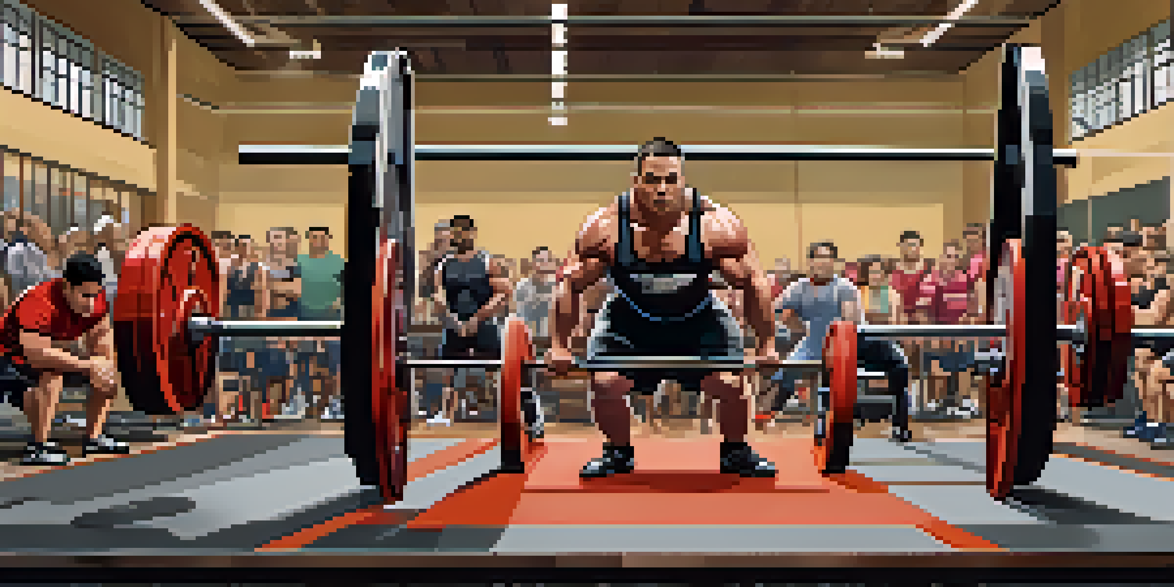A vibrant powerlifting competition with diverse athletes lifting weights in a gym setting, surrounded by cheering spectators.