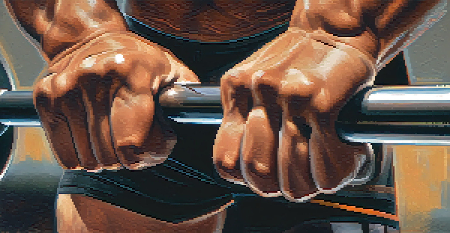 Close-up of a powerlifter's hands gripping a textured barbell, emphasizing lifting gear and chalk with a blurred background.