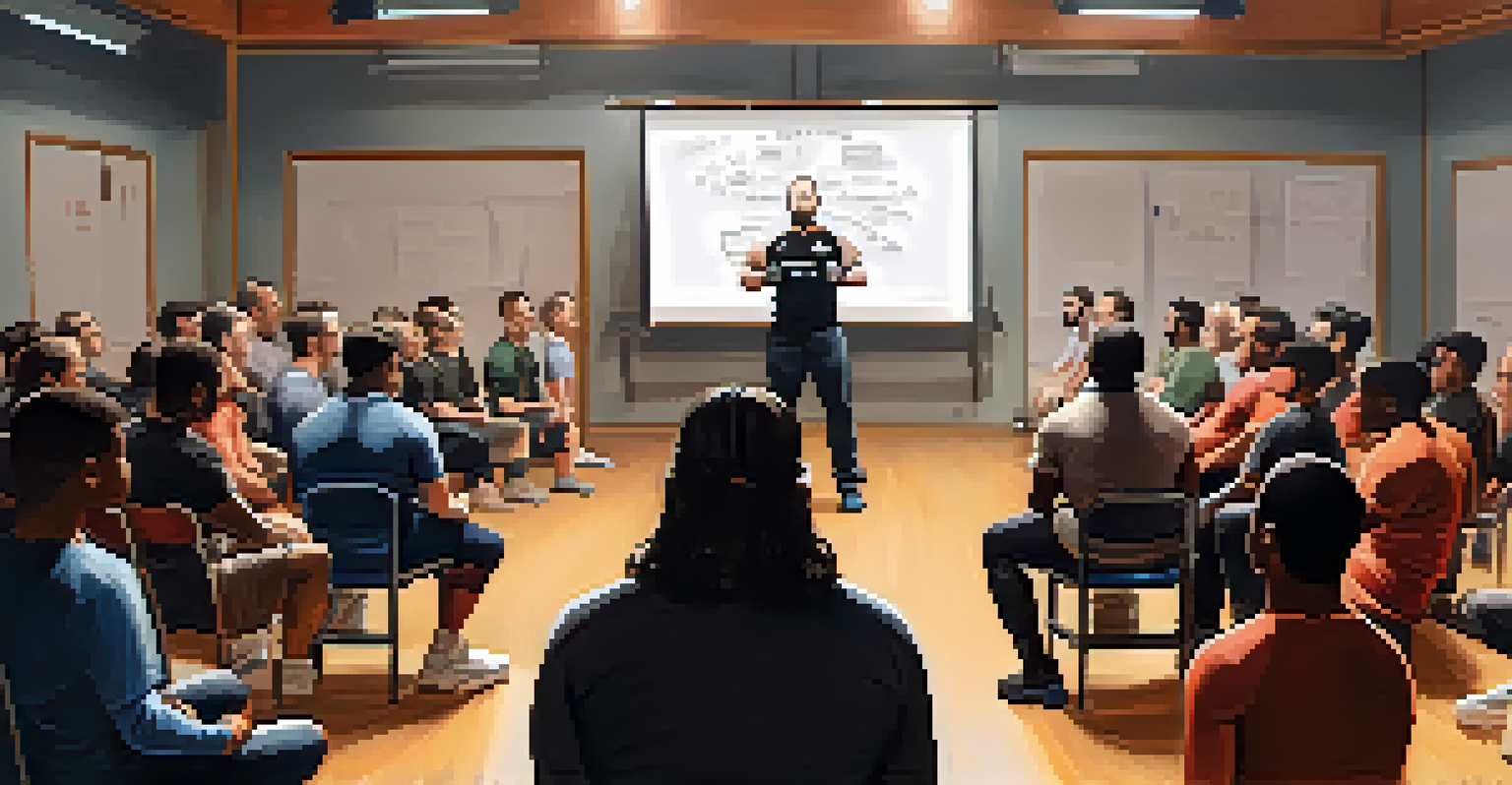 A coach and athletes in a meeting discussing mental health strategies in a gym setting.