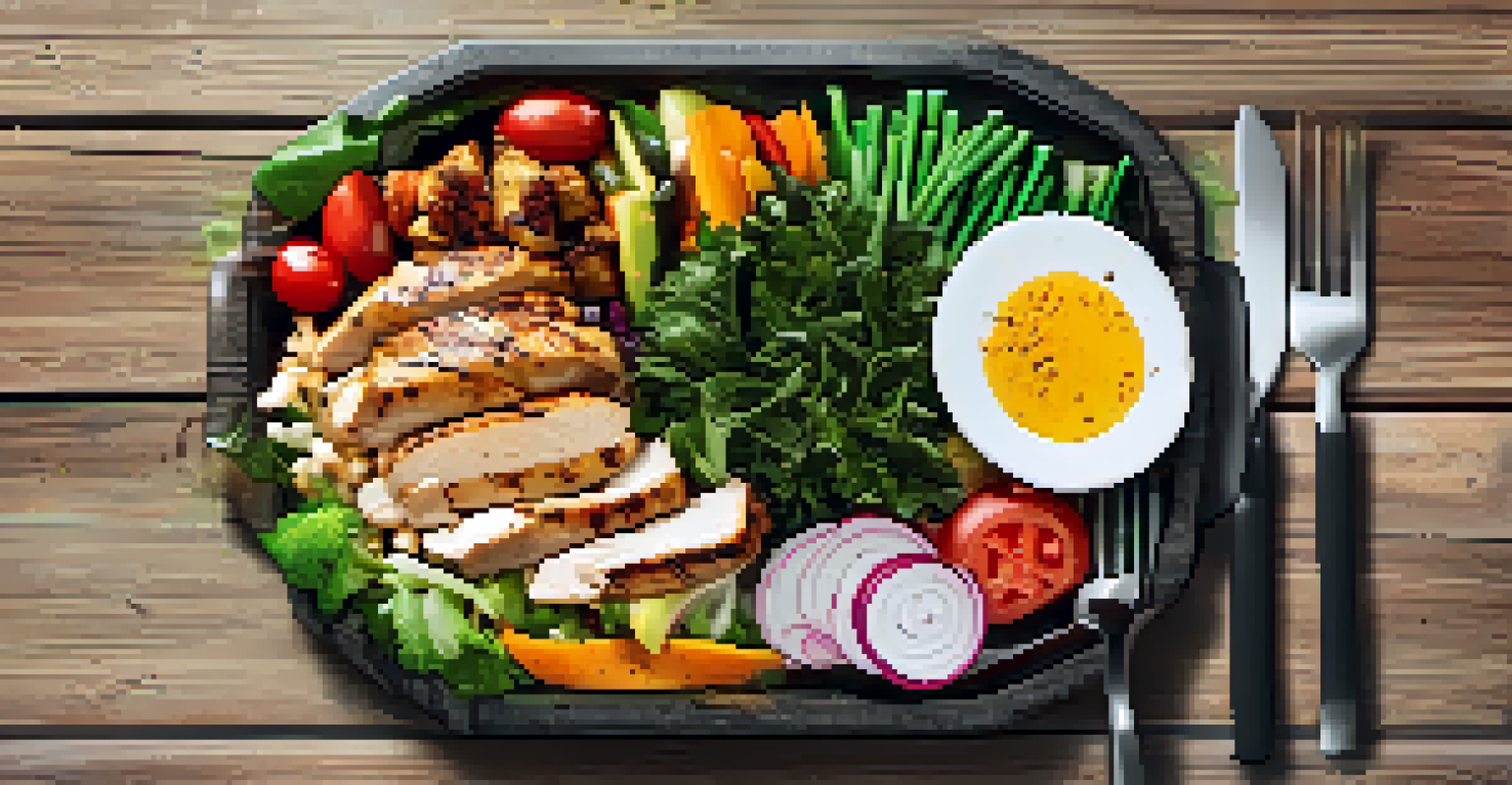 A nutritious meal for powerlifters featuring chicken, quinoa, and vegetables, displayed on a wooden table.