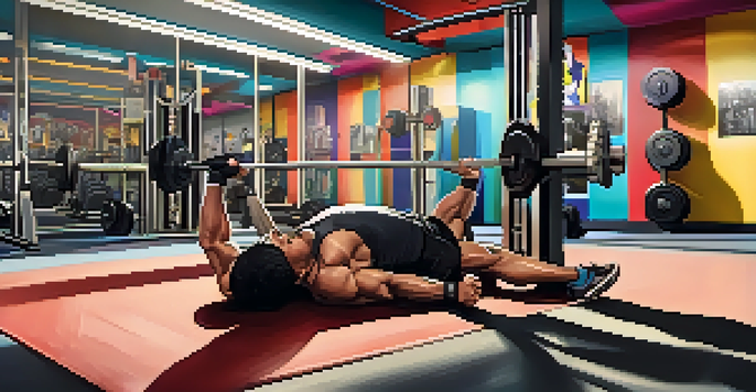 A muscular man performing the floor press in a bright gym, lying on the ground with a barbell above his chest, surrounded by workout equipment and mirrors.