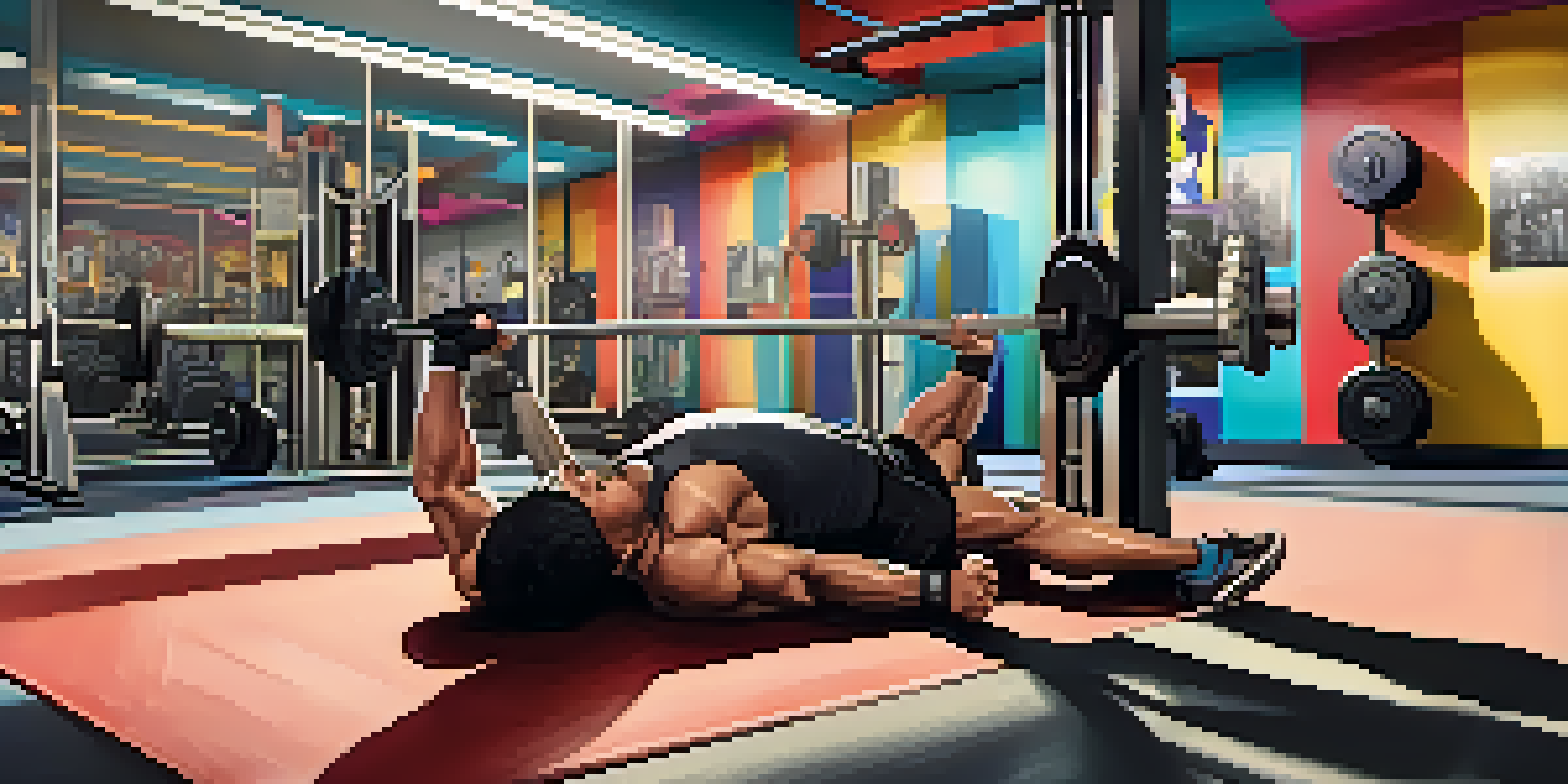 A muscular man performing the floor press in a bright gym, lying on the ground with a barbell above his chest, surrounded by workout equipment and mirrors.