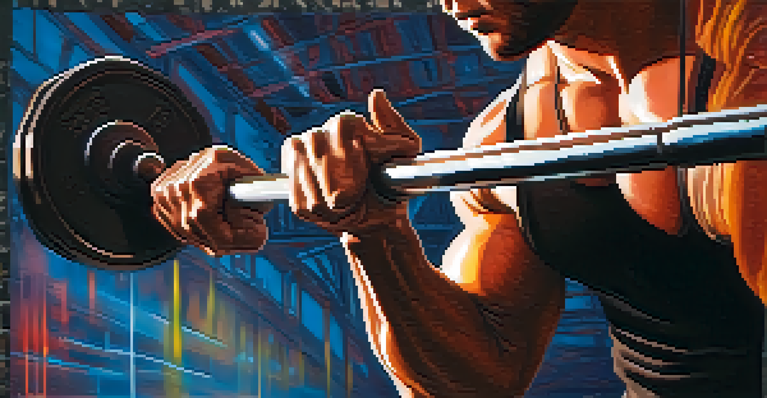 A close-up of a powerlifter's hands gripping a barbell, showing calloused skin and chalk dust, with a blurred busy gym in the background.