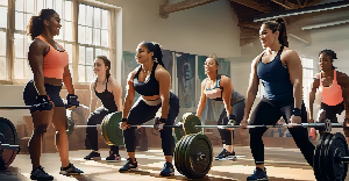 A group of diverse women lifting weights together in a gym, smiling and supporting each other.