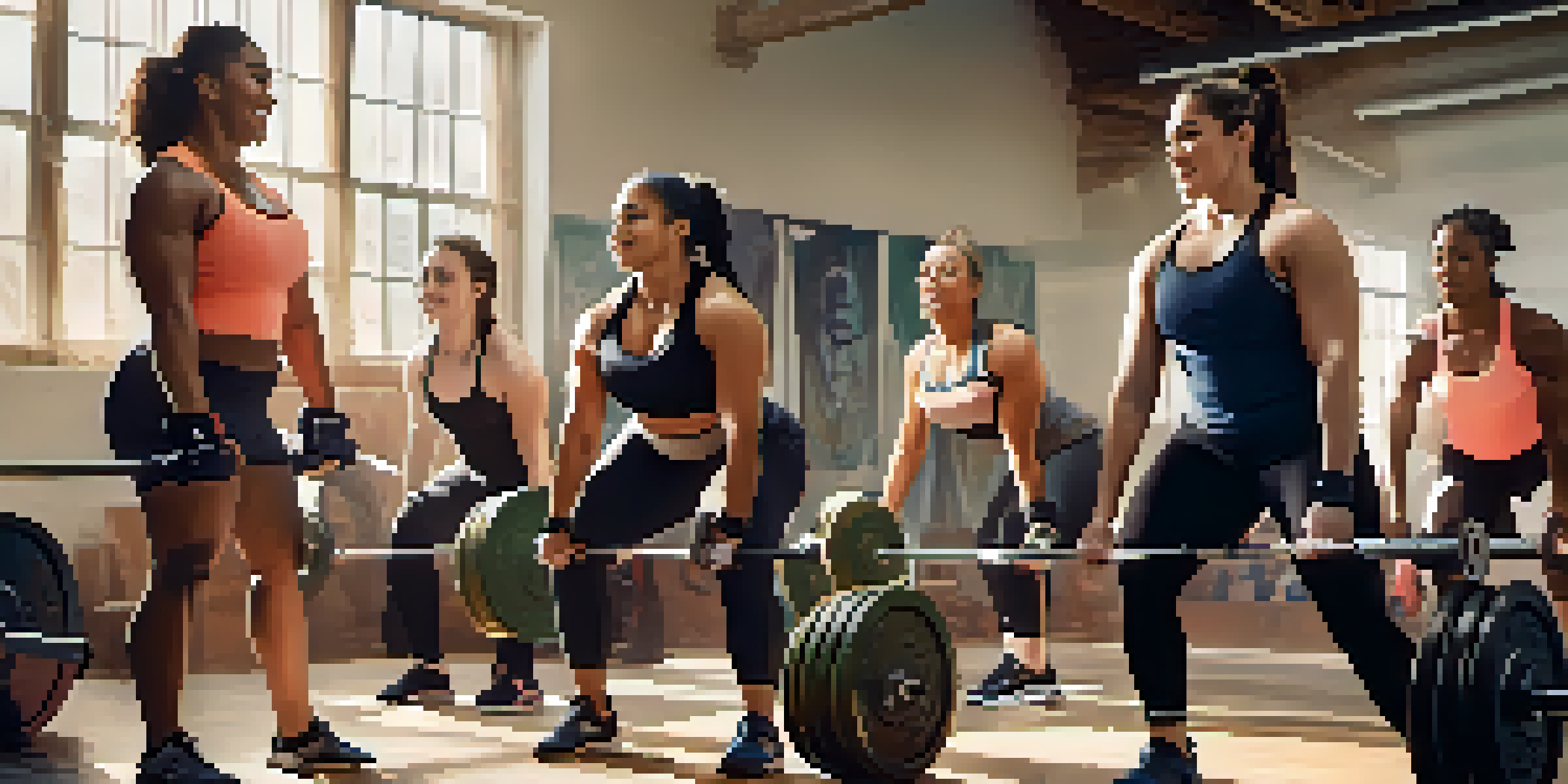 A group of diverse women lifting weights together in a gym, smiling and supporting each other.