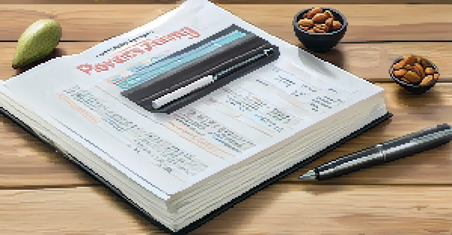An overhead view of a powerlifting training journal with a pen, shaker bottle, and a bowl of healthy snacks on a wooden table.