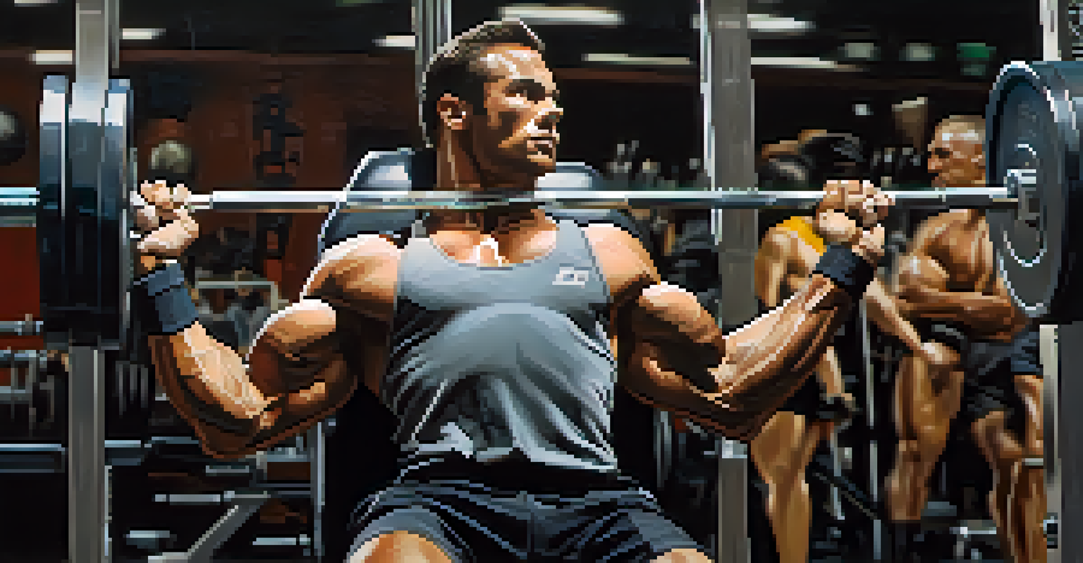 A lifter performing a bench press with wrist wraps, showcasing intense focus and muscular detail.