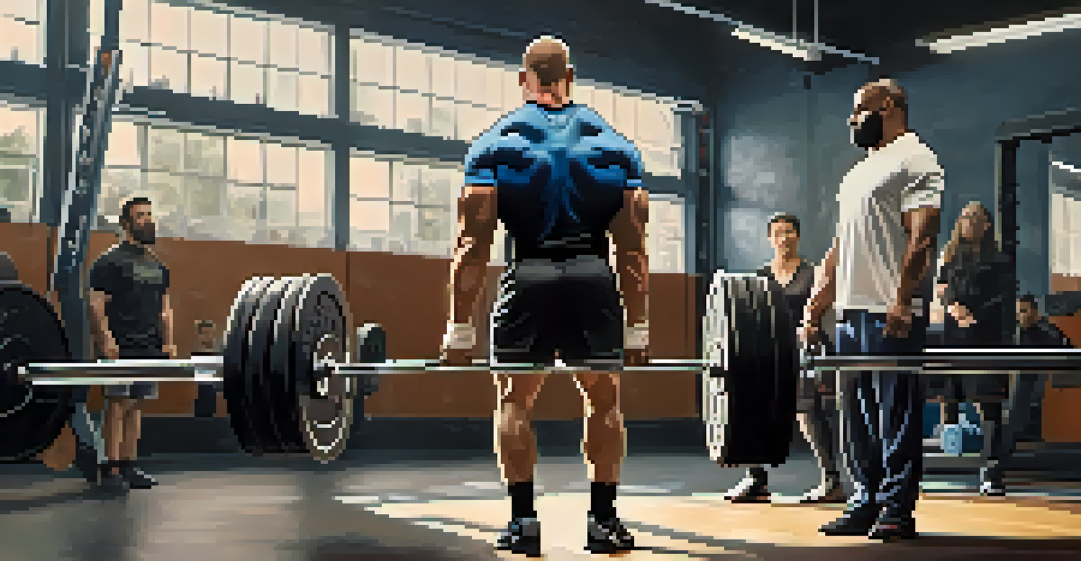 A powerlifting coach giving feedback to a lifter during a deadlift, highlighting a supportive coaching moment in a bright gym.