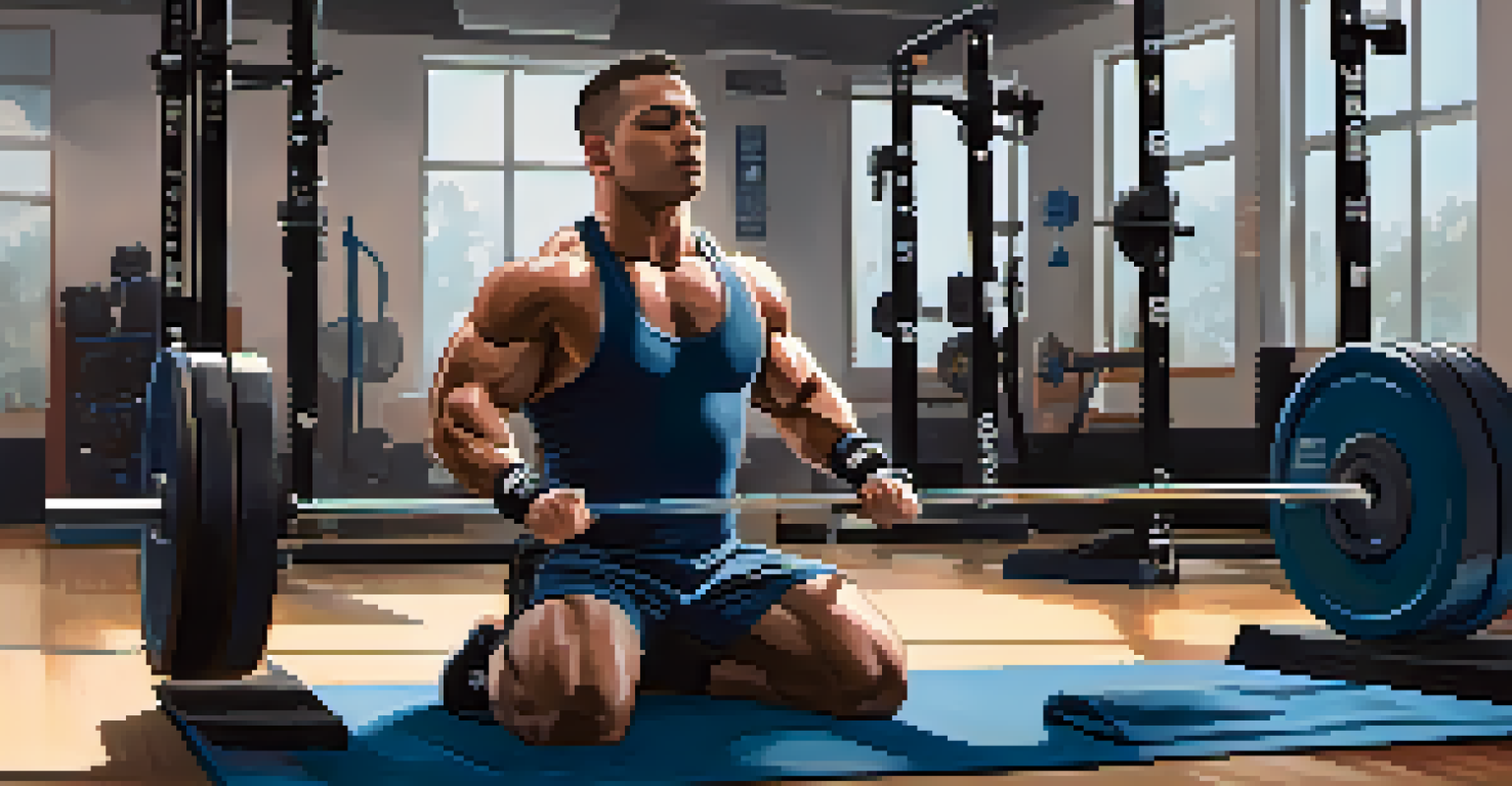 A powerlifter seated in a gym, practicing mindfulness with biofeedback devices beside them.