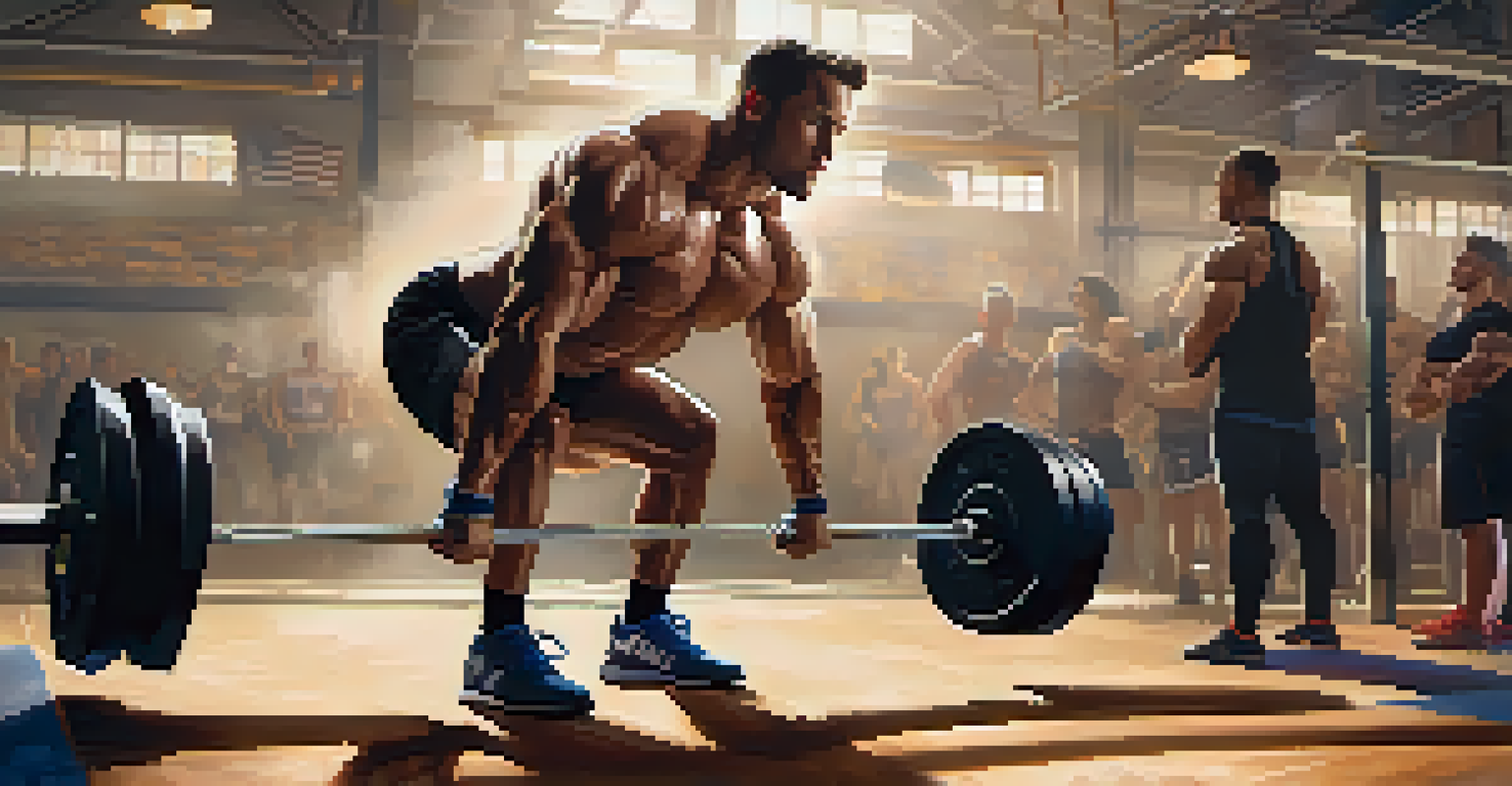 An athlete lifting a barbell in a gym, showcasing muscular tension and a supportive crowd in the background.
