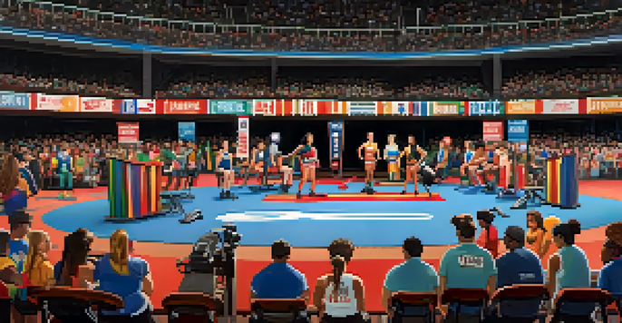 A lively powerlifting competition showcasing diverse female athletes lifting weights, with an enthusiastic crowd cheering and colorful banners in the background.