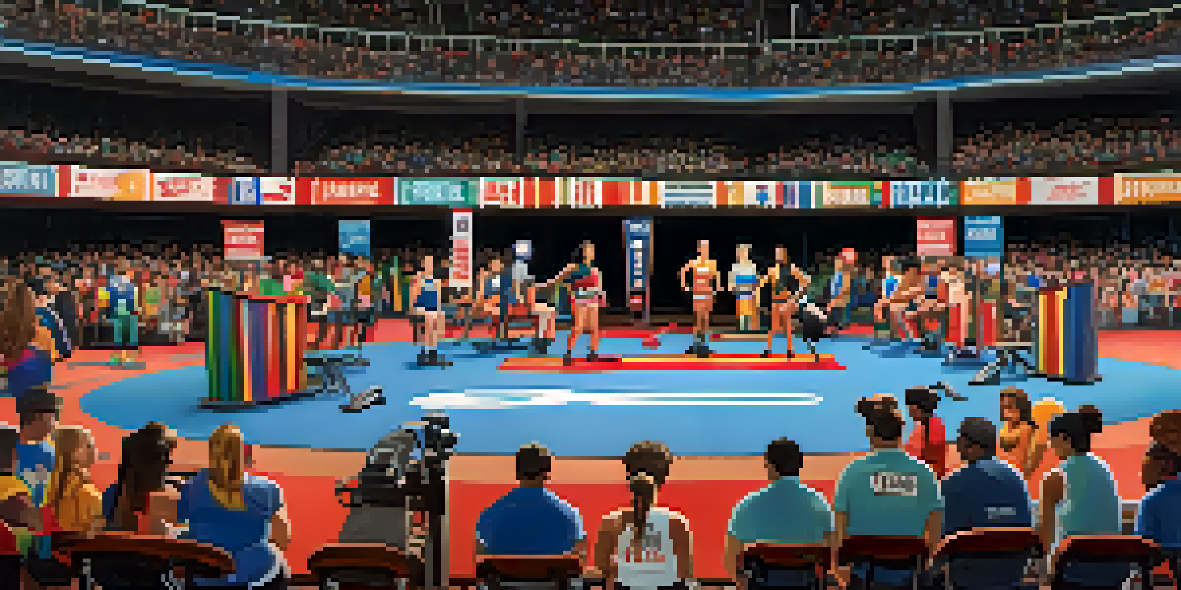 A lively powerlifting competition showcasing diverse female athletes lifting weights, with an enthusiastic crowd cheering and colorful banners in the background.