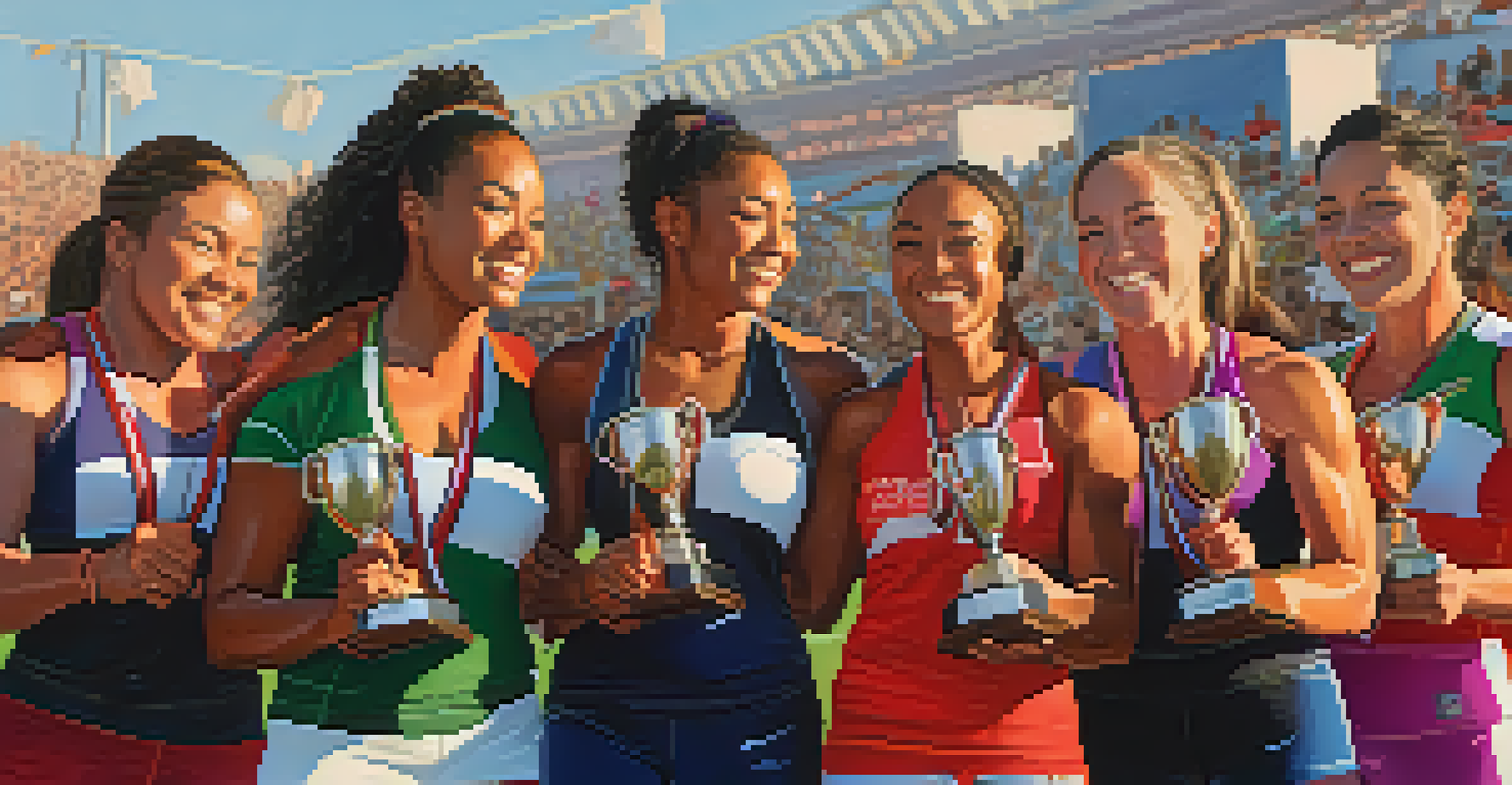A group of diverse female powerlifters celebrating with trophies outdoors at sunset, showcasing friendship and achievement.