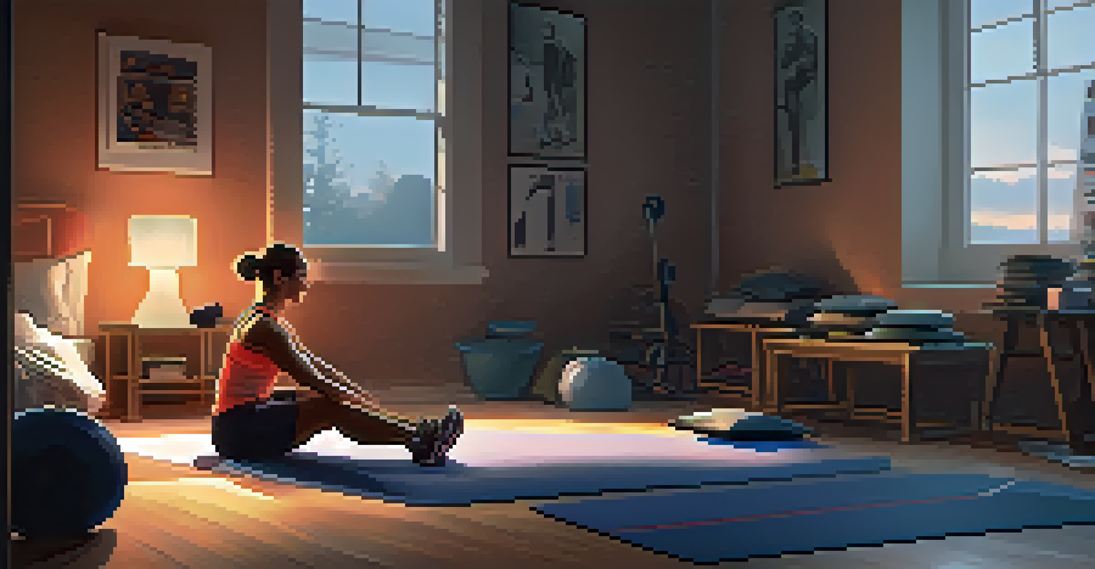 A powerlifter stretching on a yoga mat in a dimly lit room, surrounded by calming items, emphasizing relaxation before bed.