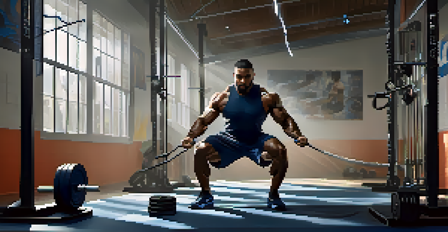 A powerlifter is engaged in a battle ropes workout in a gym, emphasizing the intensity of the exercise.
