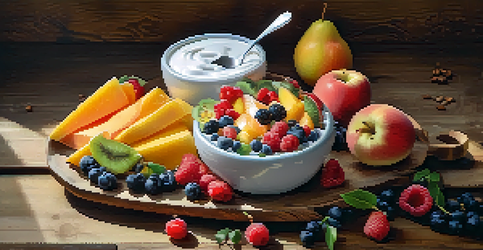 A snack platter with Greek yogurt, colorful fruits, and nuts arranged on a wooden table, illuminated by natural light.