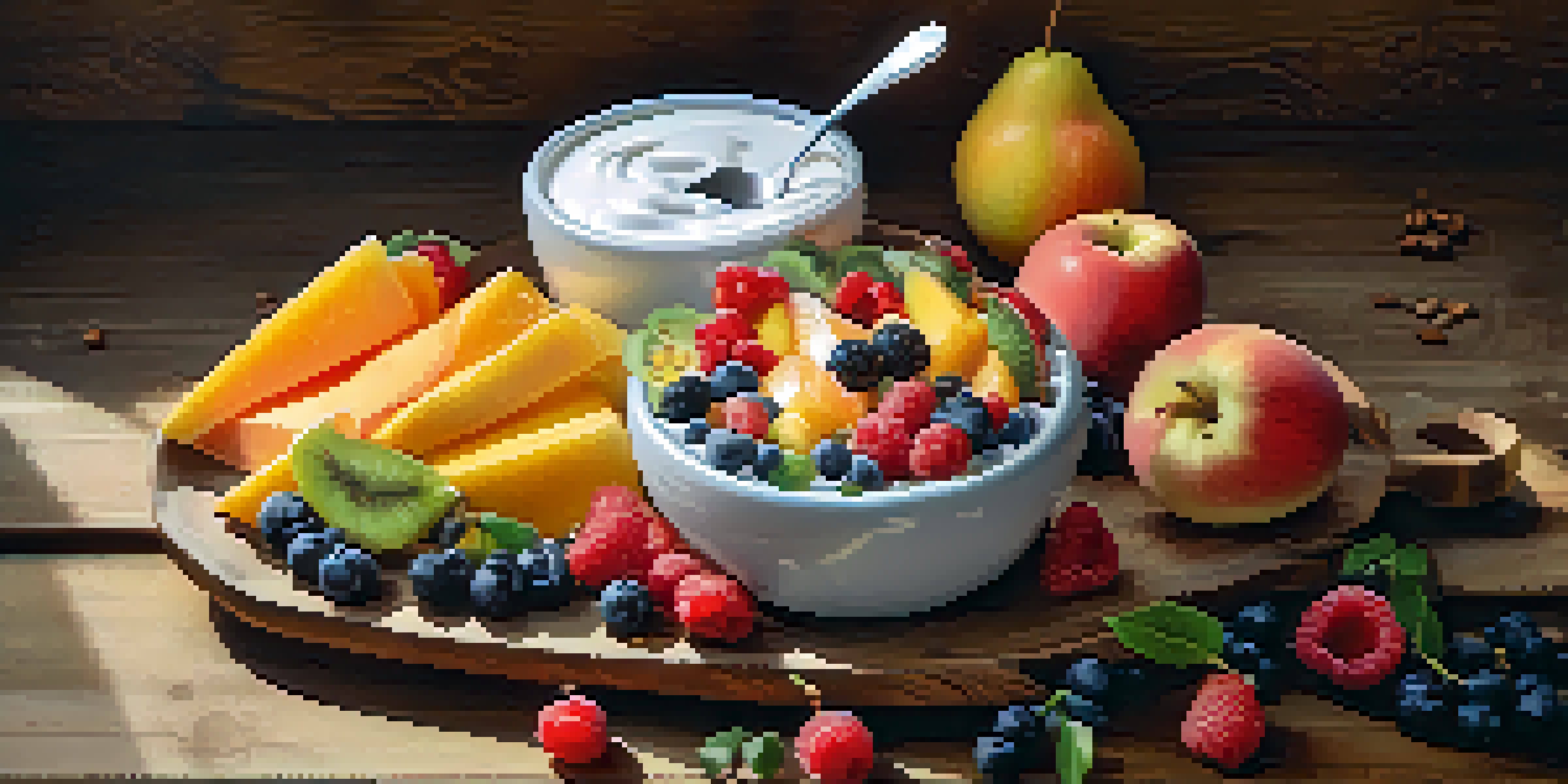 A snack platter with Greek yogurt, colorful fruits, and nuts arranged on a wooden table, illuminated by natural light.