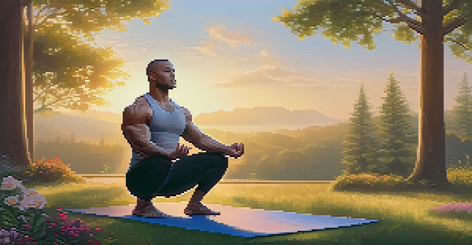 A powerlifter meditating outdoors on a yoga mat surrounded by nature during golden hour.