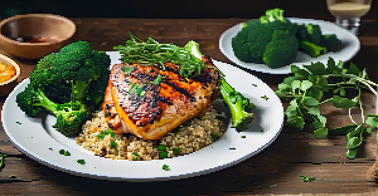 A close-up of a nutritious meal for a powerlifter, featuring grilled chicken, quinoa, and broccoli on a plate.
