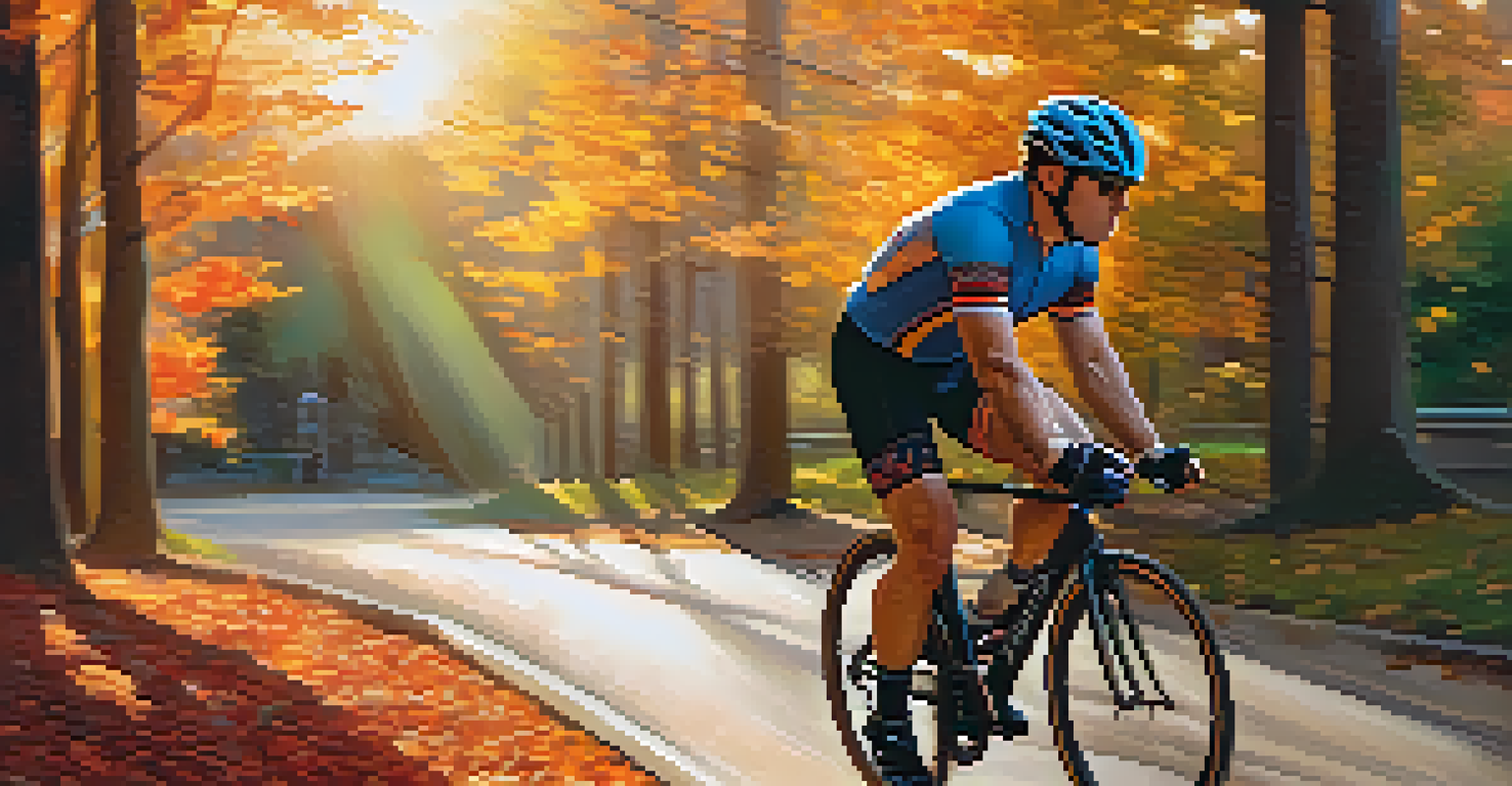 A powerlifter cycling on a scenic bike path with autumn leaves in the background.