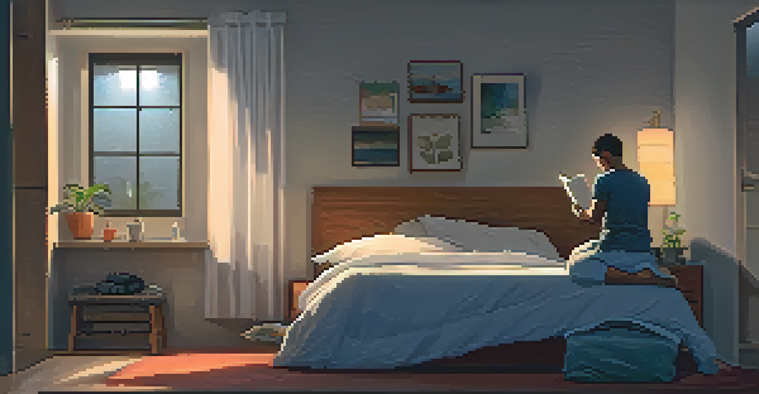 A powerlifter in a cozy bedroom, reading a book as part of a calming bedtime routine.