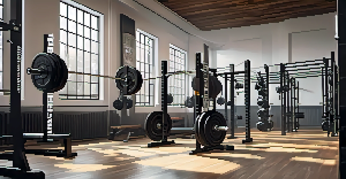 A powerlifting gym featuring a barbell on a squat rack and various dumbbells, lit by natural light from large windows.