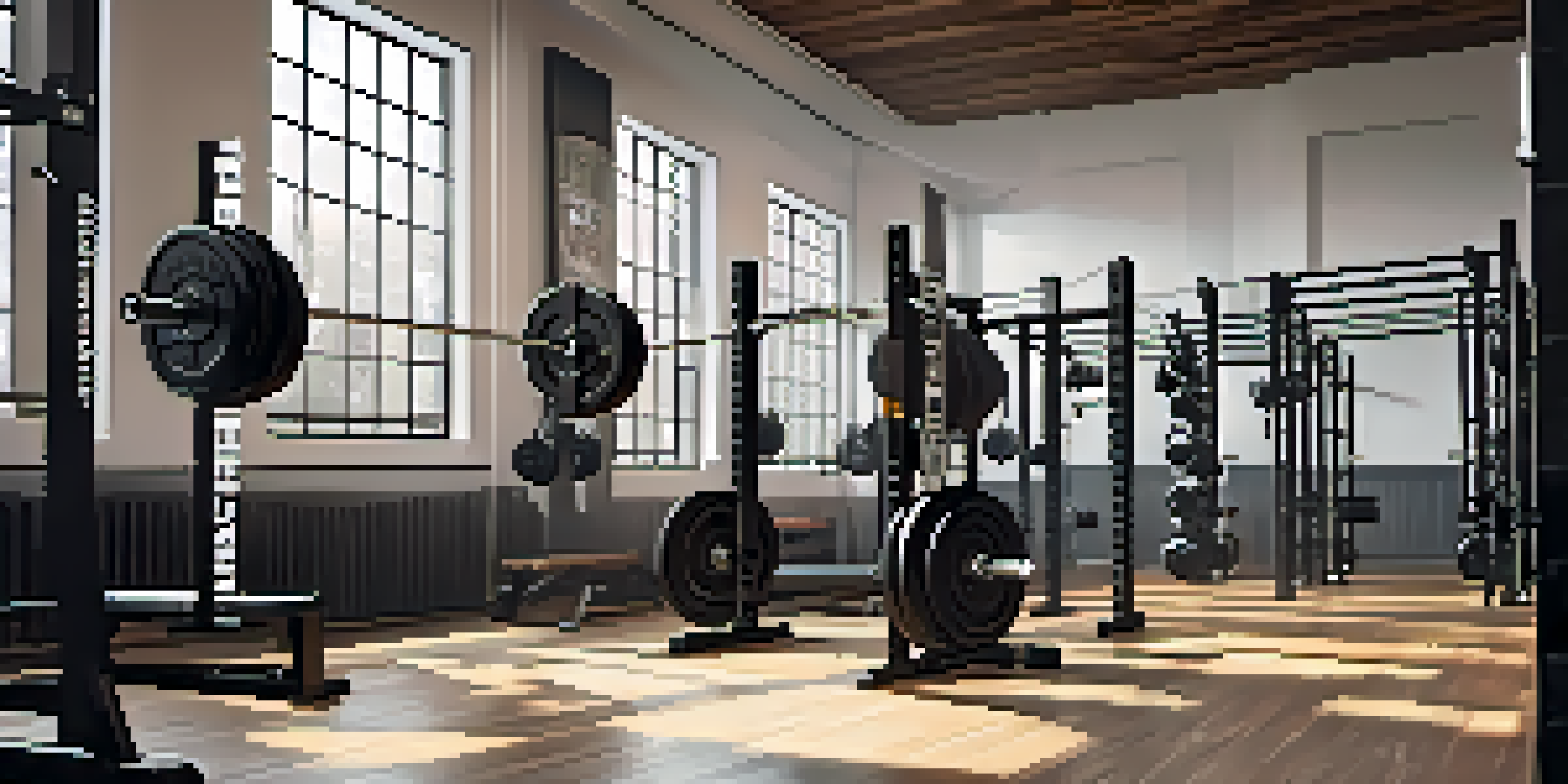 A powerlifting gym featuring a barbell on a squat rack and various dumbbells, lit by natural light from large windows.