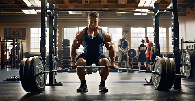 A focused powerlifter in a gym, visualizing their lift before attempting it.