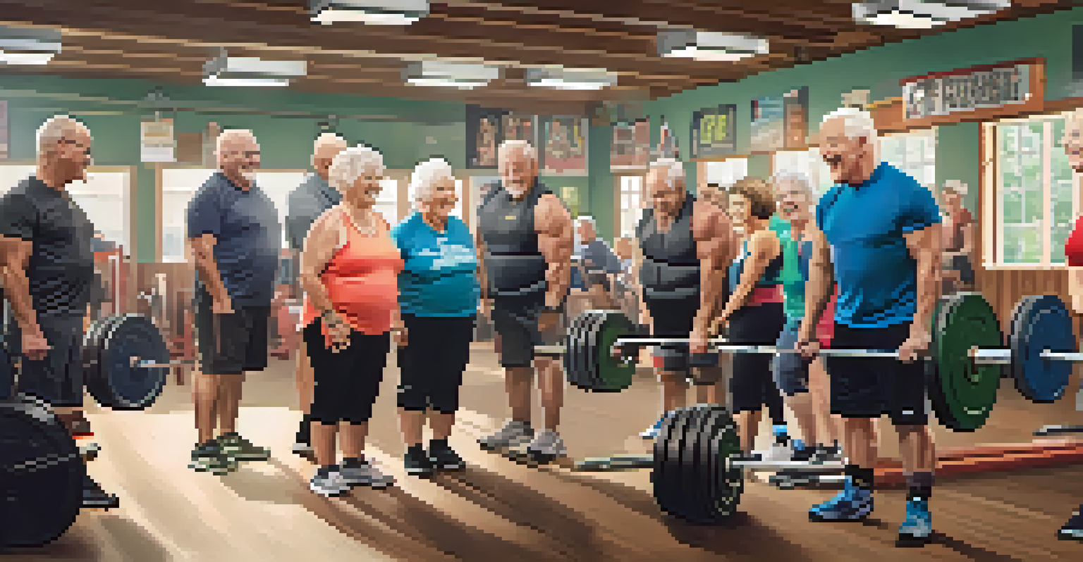 A group of elderly individuals in a powerlifting class, smiling and sharing advice in a bright gym.