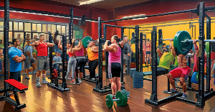 A lively powerlifting gym filled with diverse lifters, showcasing teamwork and supportive atmosphere.
