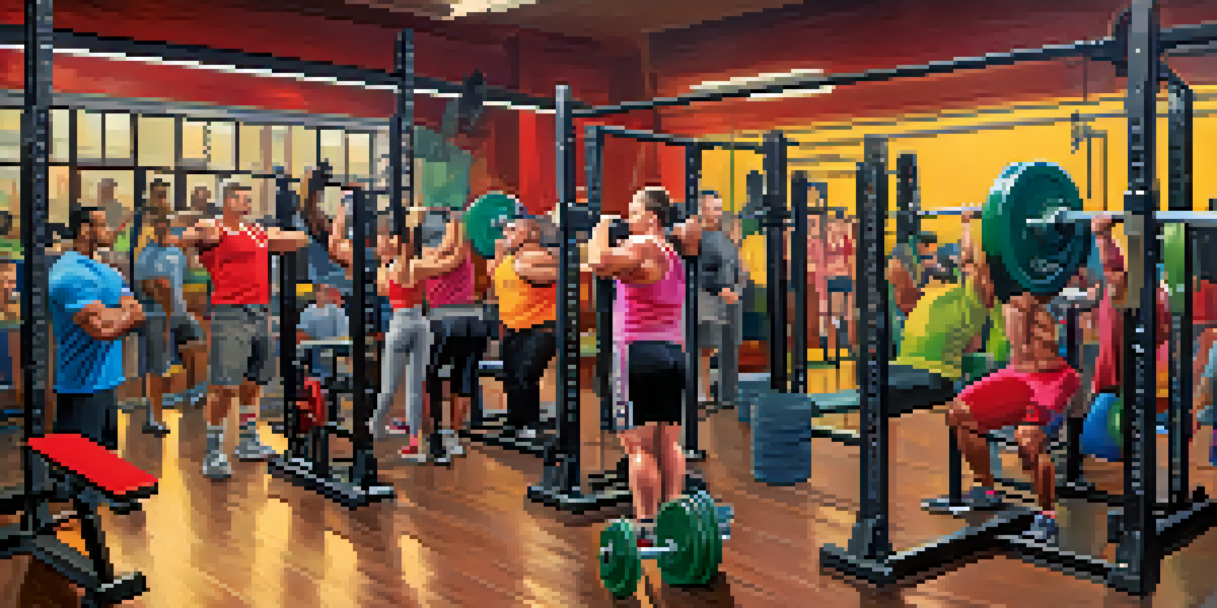 A lively powerlifting gym filled with diverse lifters, showcasing teamwork and supportive atmosphere.