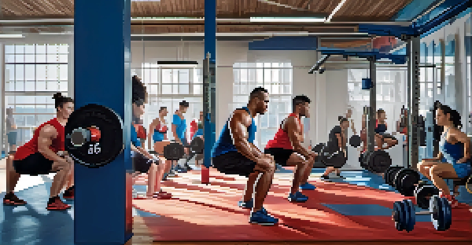 A diverse group of individuals lifting weights in a gym, focusing on a woman squatting with weights, surrounded by gym equipment under bright natural light.