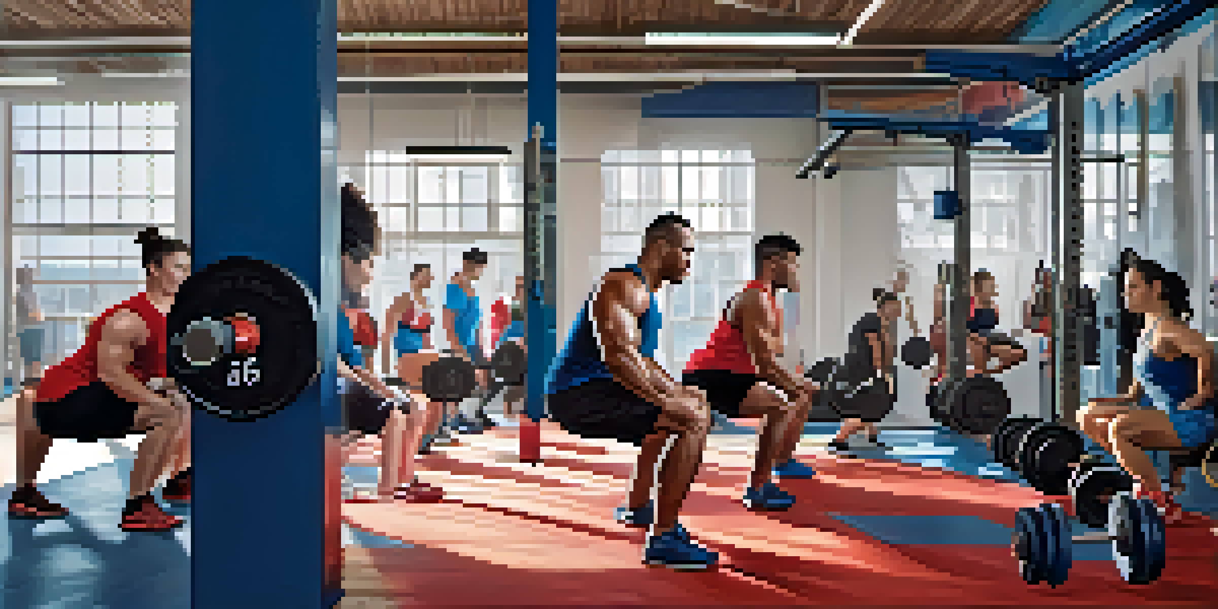 A diverse group of individuals lifting weights in a gym, focusing on a woman squatting with weights, surrounded by gym equipment under bright natural light.