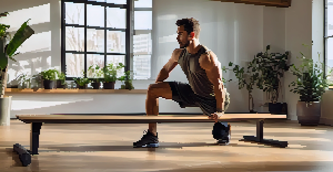 A person doing a Bulgarian split squat on a wooden gym bench with proper form, emphasizing muscle engagement and a bright gym environment.