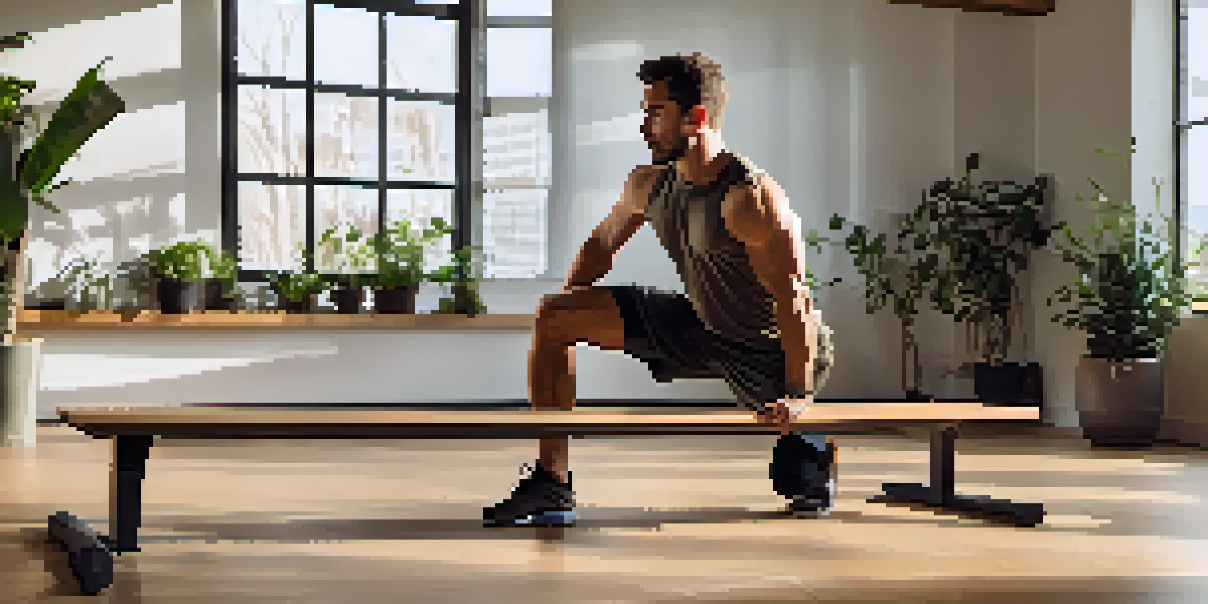 A person doing a Bulgarian split squat on a wooden gym bench with proper form, emphasizing muscle engagement and a bright gym environment.